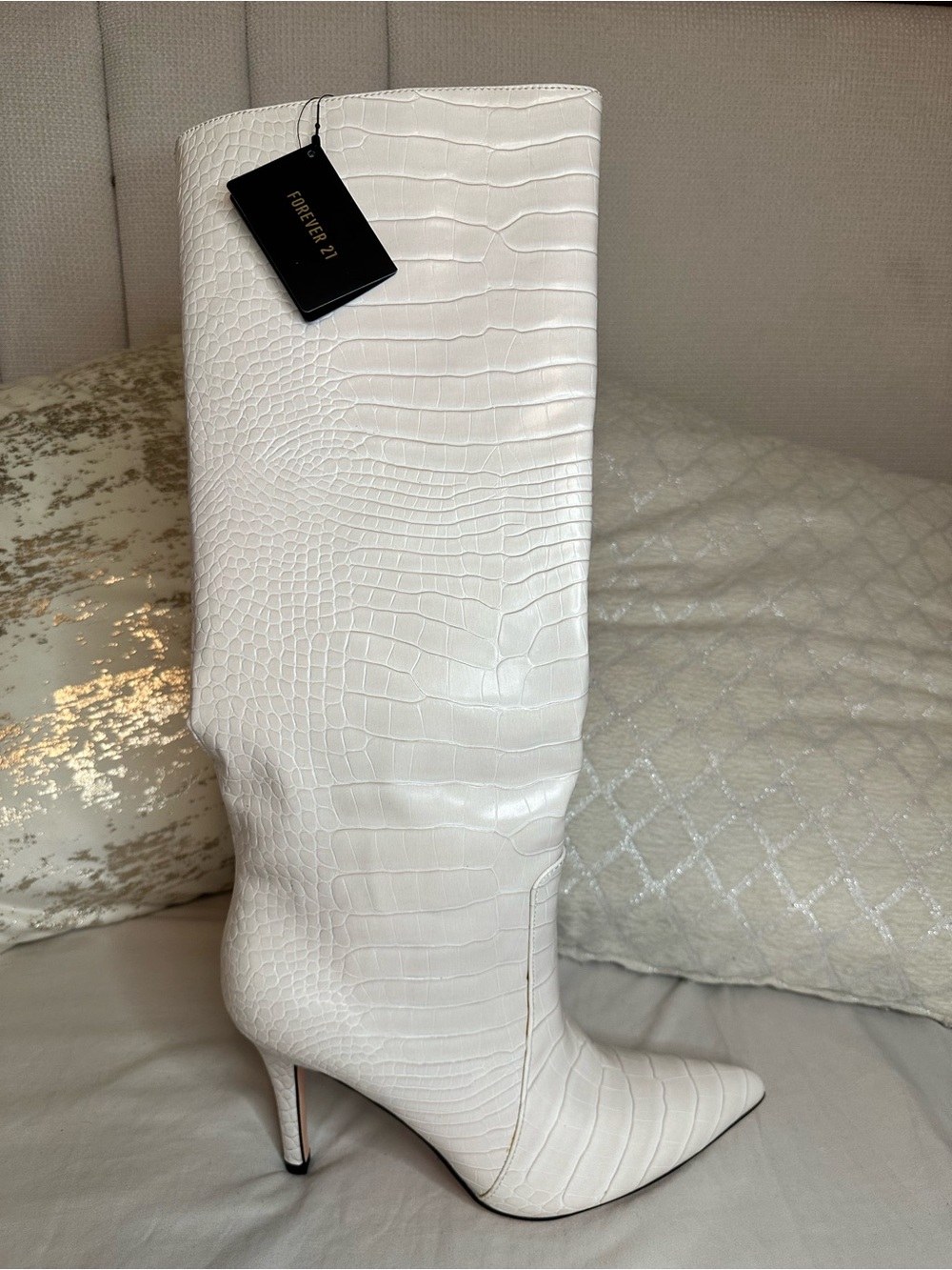 Forever 21 White Croc-Embossed Pointed Toe Knee-High Boot
